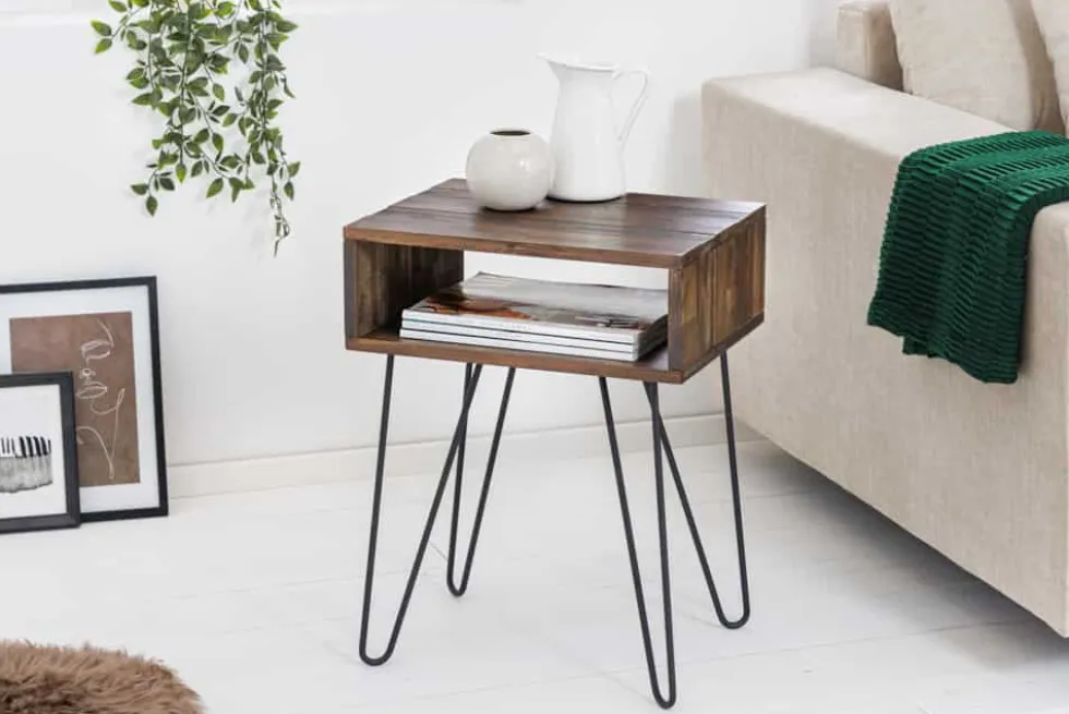 Massivholz Beistelltisch SCORPION 55cm Akazie Nachttisch mit Ablage Hairpin Legs Metall