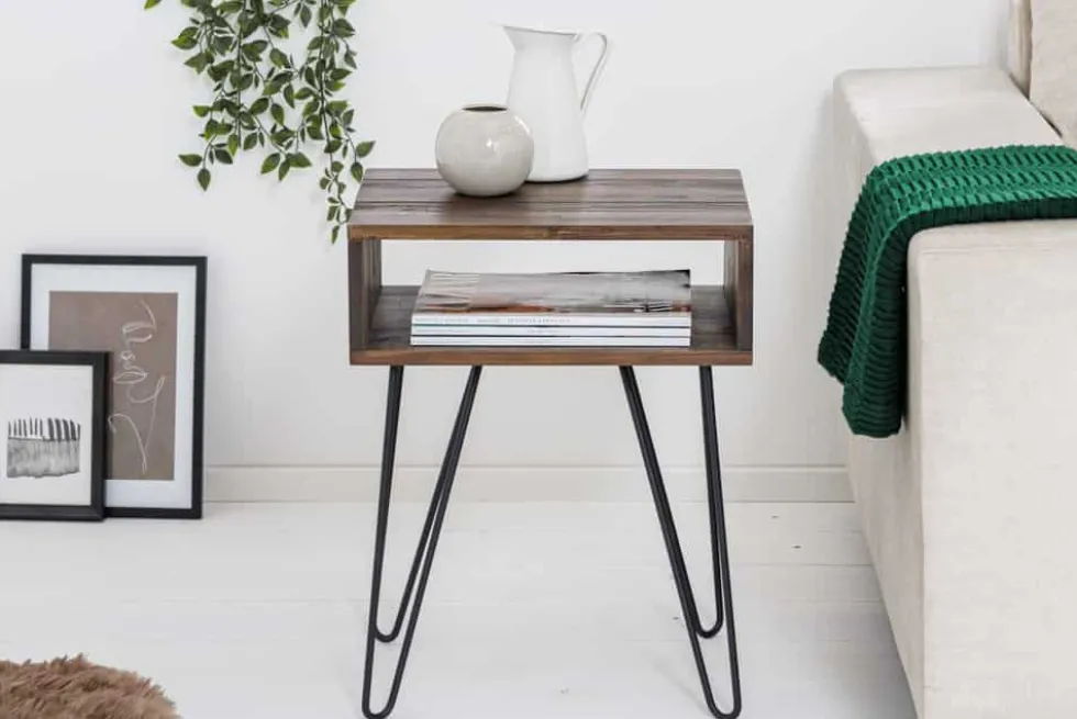 Massivholz Beistelltisch SCORPION 55cm Akazie Nachttisch mit Ablage Hairpin Legs Metall