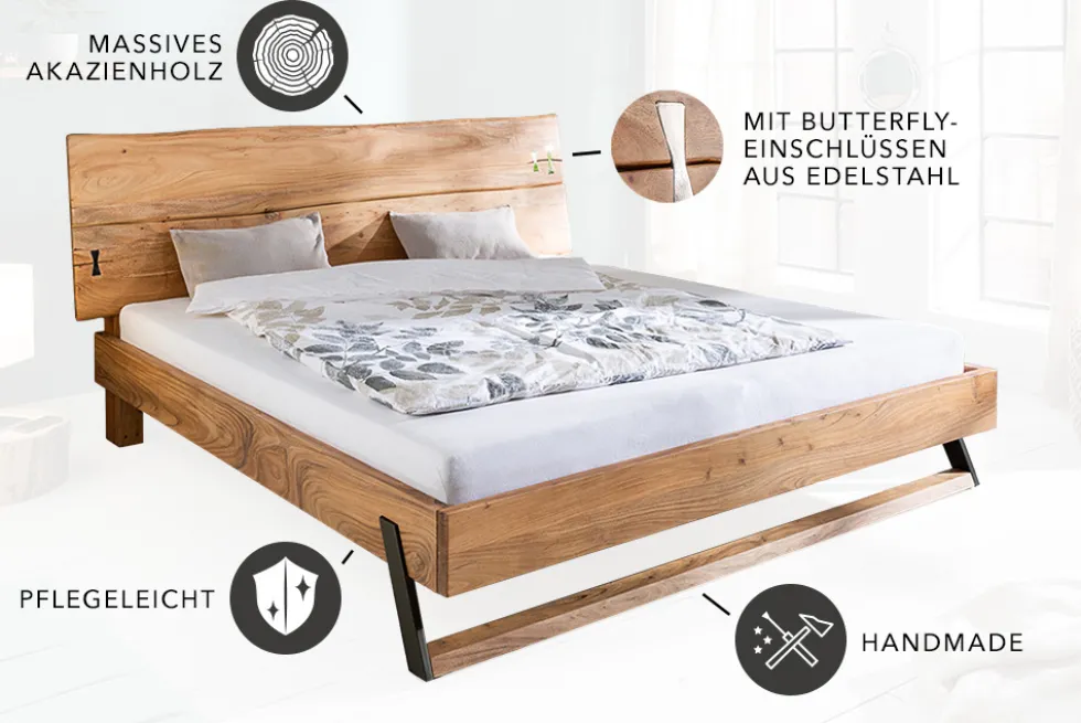 Massivholz Bett AMAZONAS 180x200cm Akazie Baumkante natur Doppelbett
