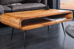 Massivholz Couchtisch ALPHA 90cm braun Sheesham stone finish Metallbeine mit Stauraum