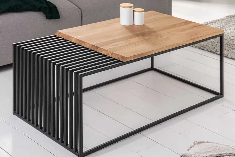 Massivholz Couchtisch ARCHITECTURE 100cm Eiche geölt schwarzes Metallgestell