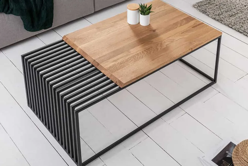 Massivholz Couchtisch ARCHITECTURE 100cm Eiche geölt schwarzes Metallgestell