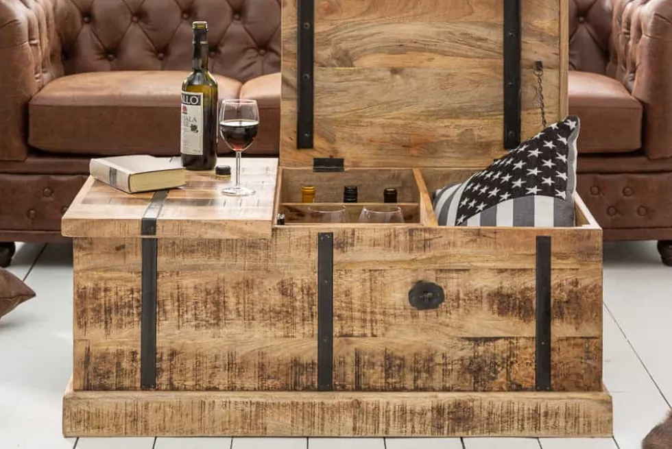 Massivholz Couchtisch BODEGA 100cm Mangoholz Hausbar Truhe mit Stauraum