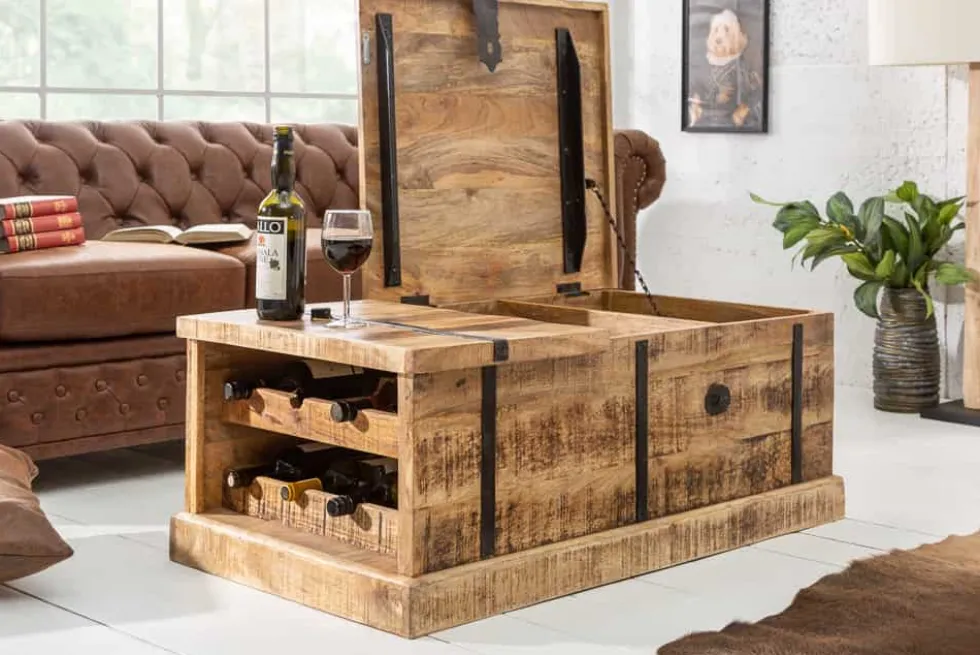 Massivholz Couchtisch BODEGA 100cm Mangoholz Hausbar Truhe mit Stauraum