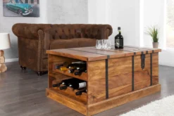 Massivholz Couchtisch BODEGA 100cm braun Sheesham stone finish Truhe Stauraum Weinregal