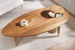 Massivholz Couchtisch GATSBY 110cm braun gold Mango oval rund Beistelltisch 2er Set Retro Design