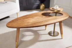 Massivholz Couchtisch GATSBY 110cm braun gold Mango oval rund Beistelltisch 2er Set Retro Design