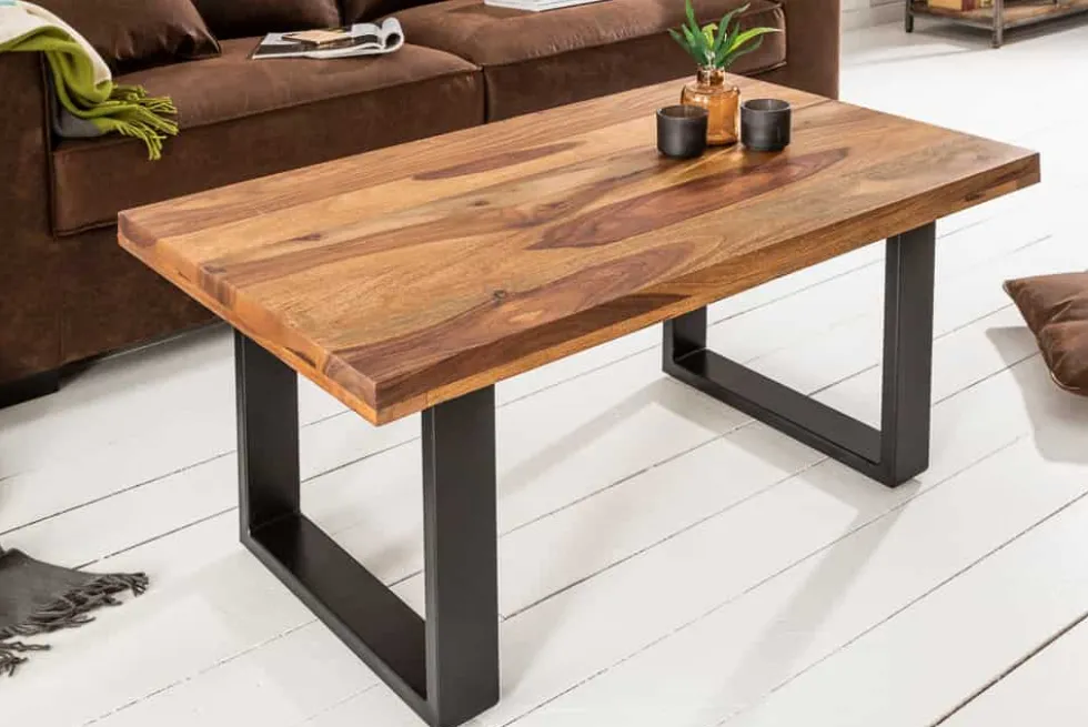 Massivholz Couchtisch IRON CRAFT 100cm braun Sheesham stone finish Industrial Design