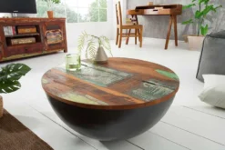 Massivholz Couchtisch JAKARTA 70cm grau rund aus recycelten Fischerbooten