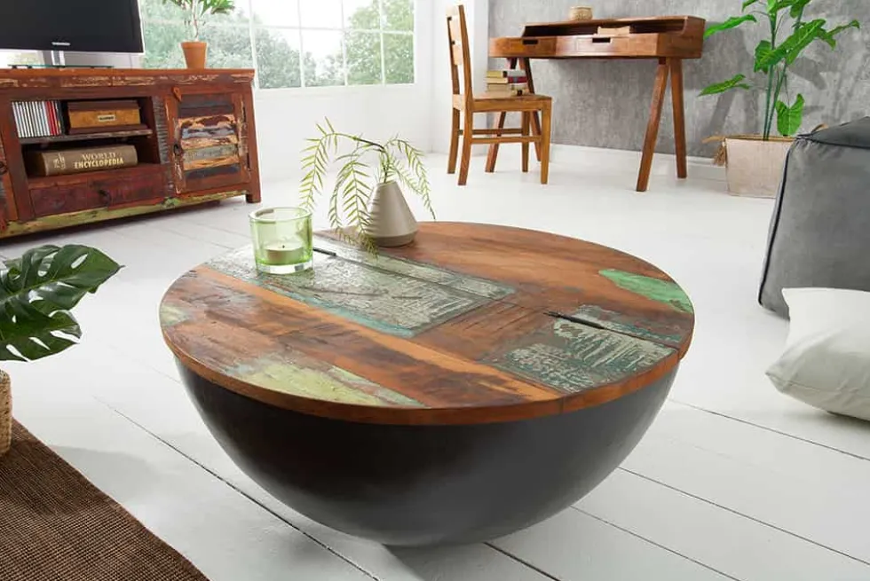 Massivholz Couchtisch JAKARTA 70cm grau rund aus recycelten Fischerbooten