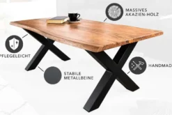 Massivholz Couchtisch MAMMUT 120cm Akazie Honey Finish X-Gestell schwarz 2,5cm Tischplatte
