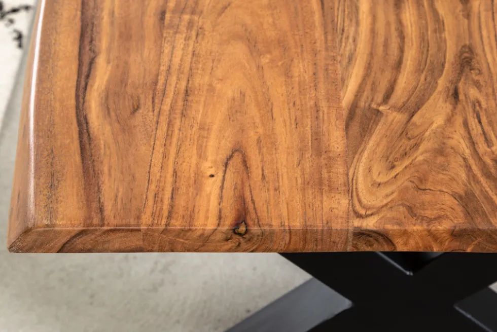 Massivholz Couchtisch MAMMUT 120cm Akazie Honey Finish X-Gestell schwarz 2,5cm Tischplatte