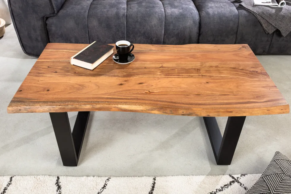 Massivholz Couchtisch MAMMUT 120cm Akazie natur V-Gestell schwarz 2,5cm Tischplatte