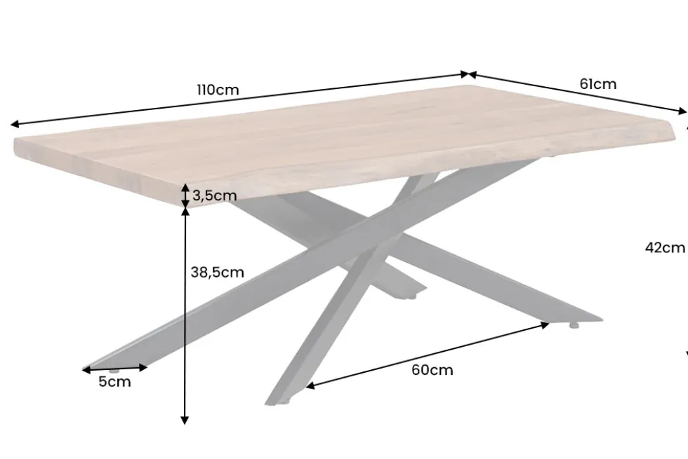 Massivholz Couchtisch MAMMUT 110cm Akazie schwarz 3,5cm Tischplatte Baumkante