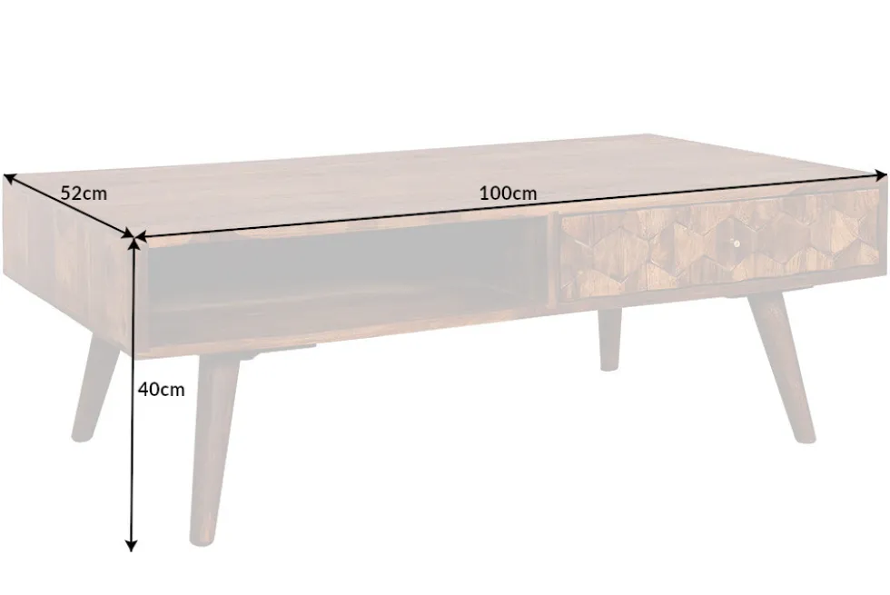 Massivholz Couchtisch MYSTIC LIVING 100cm braun Sheesham stone finish mit Stauraum
