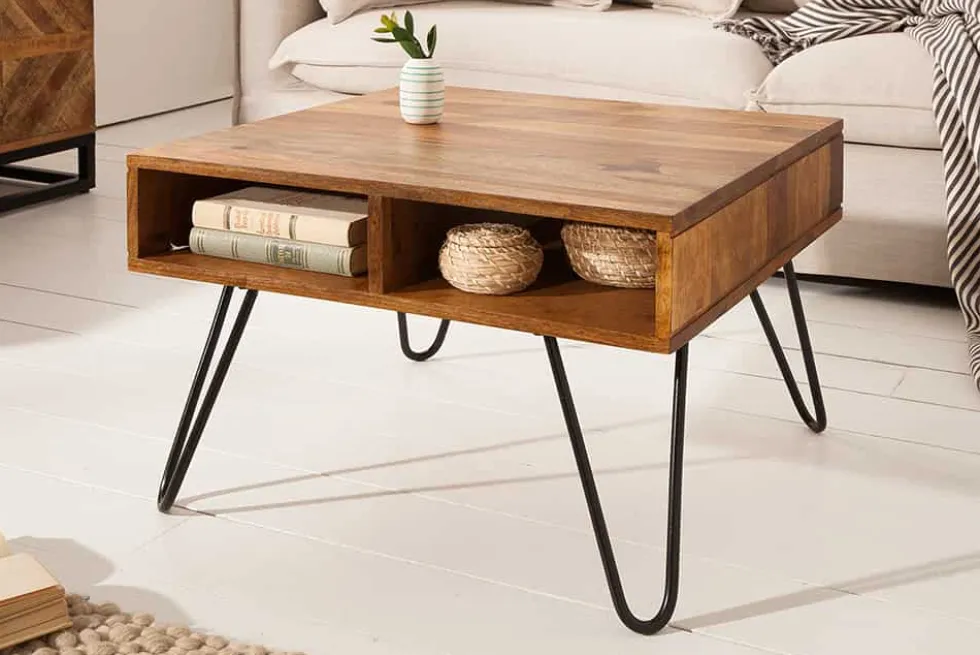 Massivholz Couchtisch SCORPION 60cm braun Sheesham stone finish Stauraum Hairpin Legs