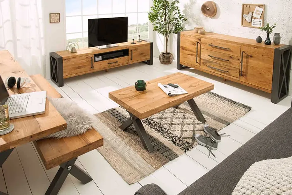 Massivholz Couchtisch THOR 110cm Wildeiche geölt X-Gestell Metall anthrazit Industrial Design