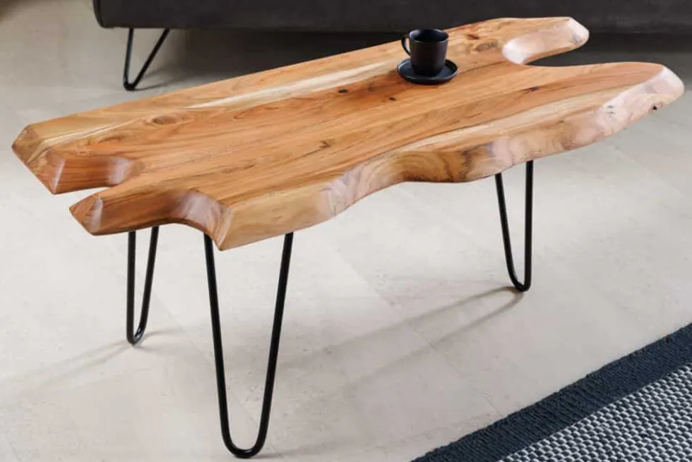 Massivholz Couchtisch WILD 100cm Akazie natur Hairpin Legs Baumkante