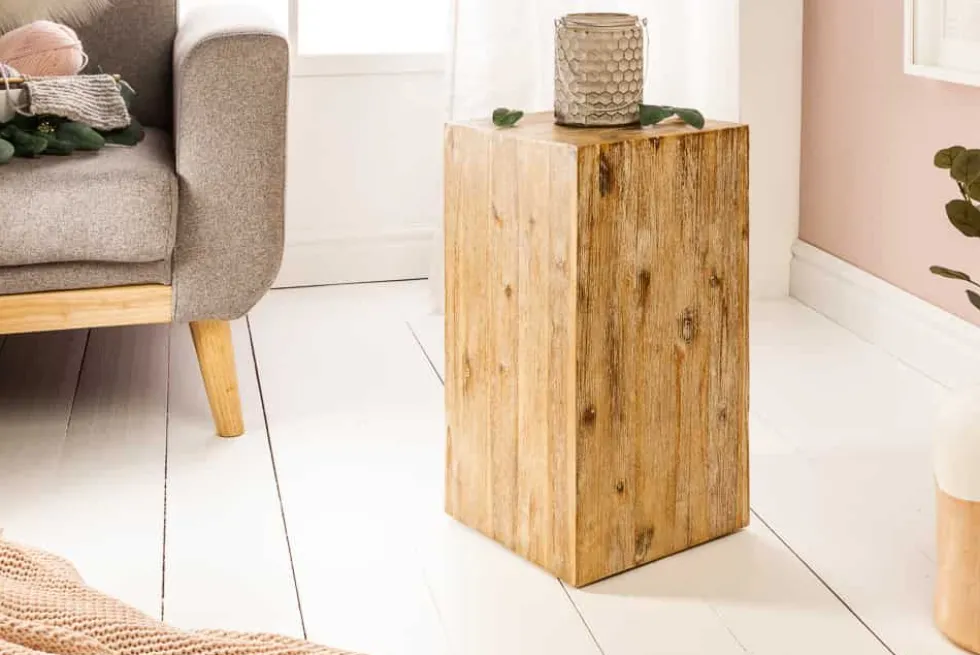Massivholz Dekosäule COLUMNA 50cm Akazie teak-grau gekälkt Beistelltisch