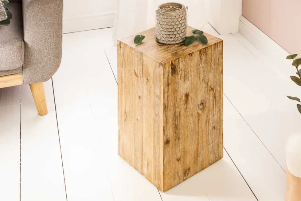 Massivholz Dekosäule COLUMNA 50cm Akazie teak-grau gekälkt Beistelltisch