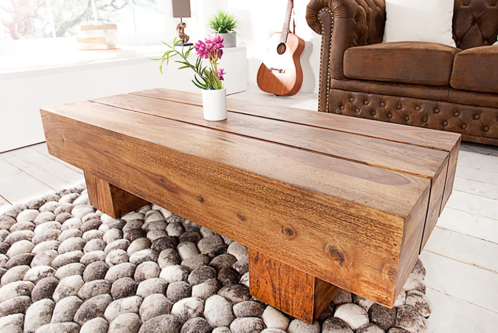 Massivholz Design Couchtisch BOLT 100cm braun Sheesham stone finish