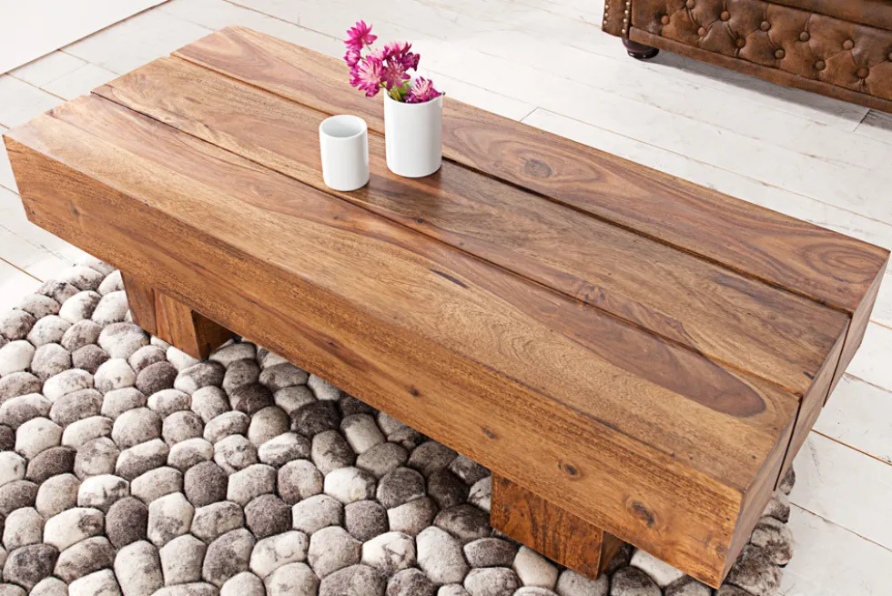 Massivholz Design Couchtisch BOLT 100cm braun Sheesham stone finish