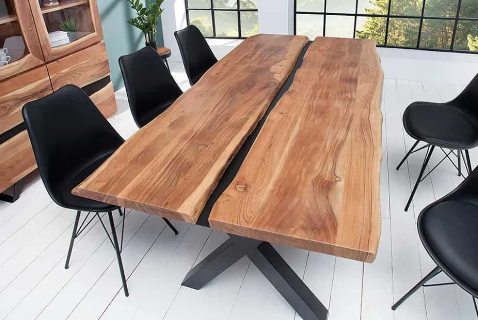 Massivholz Esstisch AMAZONAS 200cm natur Akazie Metall X-Gestell schwarz Baumkante