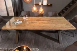 Massivholz Esstisch BARRACUDA 220cm natur Teak schwarz Metall X-Gestell inkl. Glasplatte