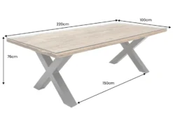 Massivholz Esstisch BARRACUDA 220cm natur Teak schwarz Metall X-Gestell inkl. Glasplatte
