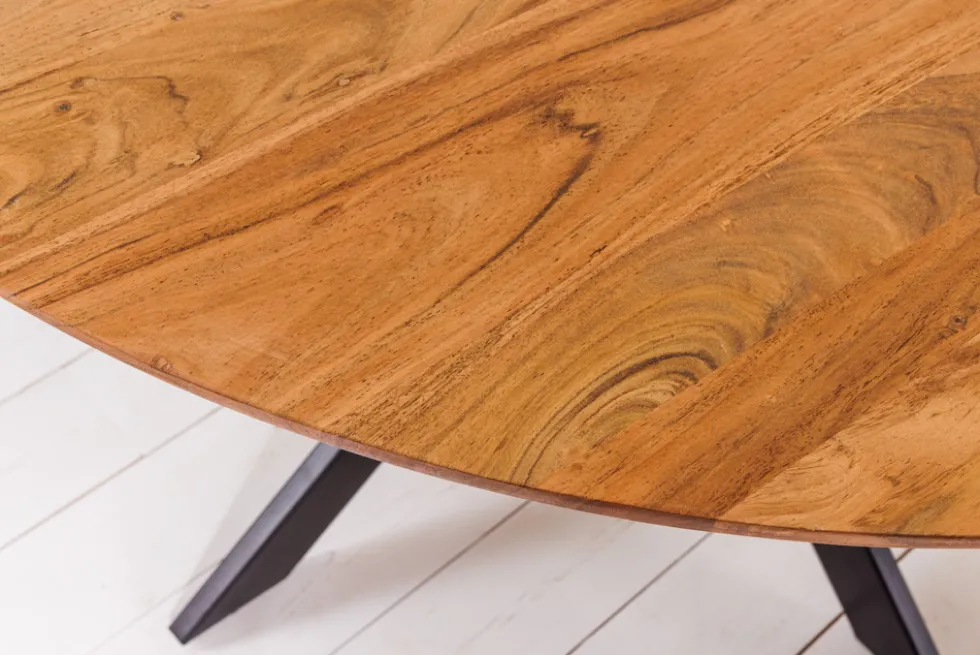 Massivholz Esstisch GALAXIE 130cm rund Akazie natur schwarzes Metallgestell