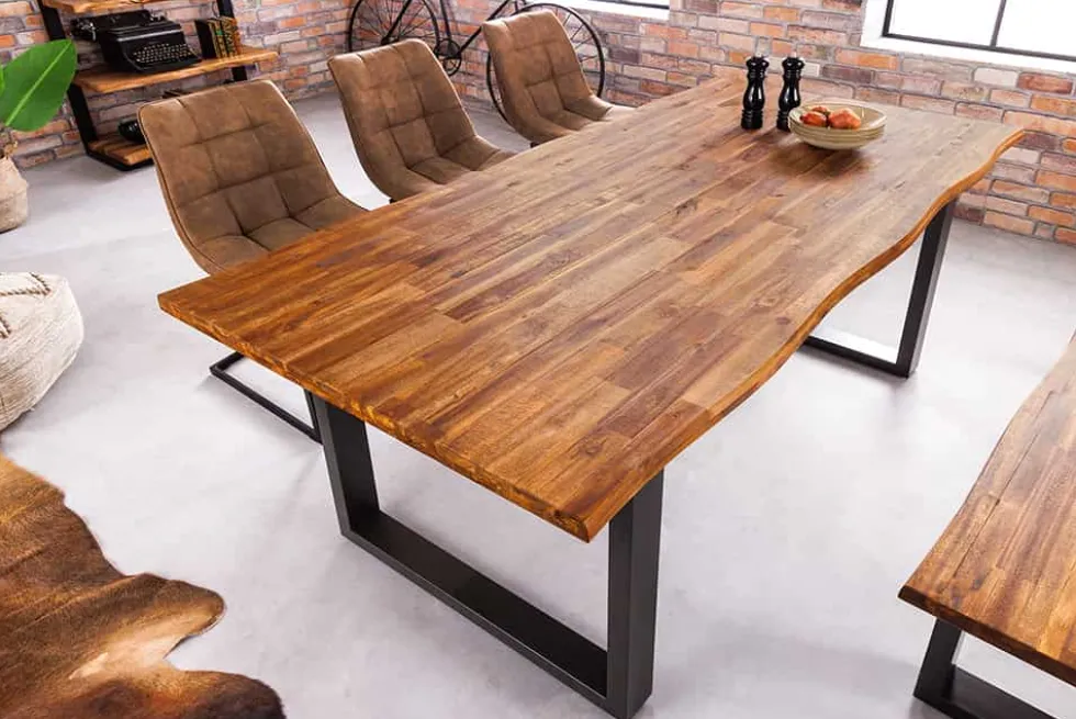 Massivholz Esstisch GENESIS 160cm natur anthrazit Akazie Baumkante Industrial Design