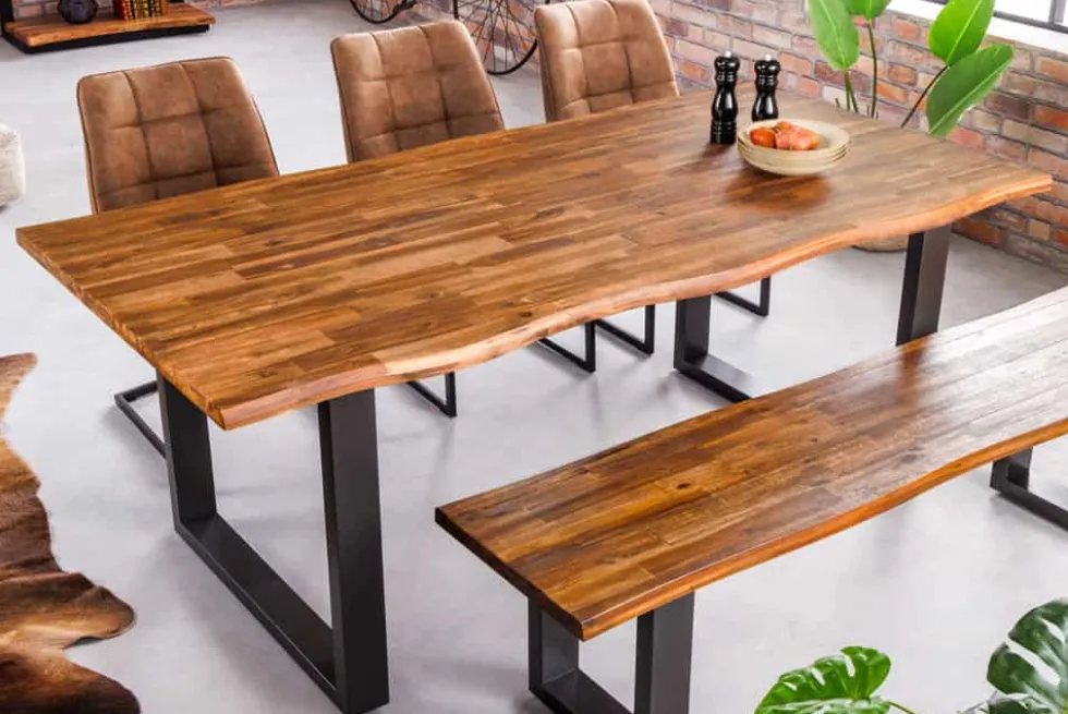 Massivholz Esstisch GENESIS 200cm braun geflammt Akazie Eisen schwarz Baumkante