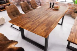 Massivholz Esstisch GENESIS 200cm braun geflammt Akazie Eisen schwarz Baumkante