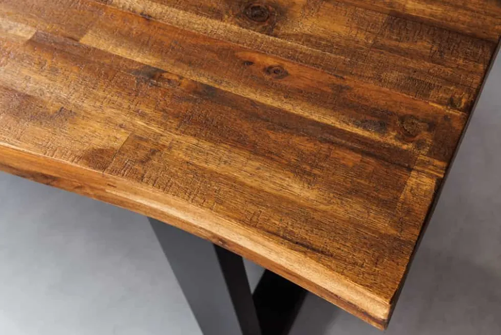 Massivholz Esstisch GENESIS 200cm braun geflammt Akazie Eisen schwarz Baumkante