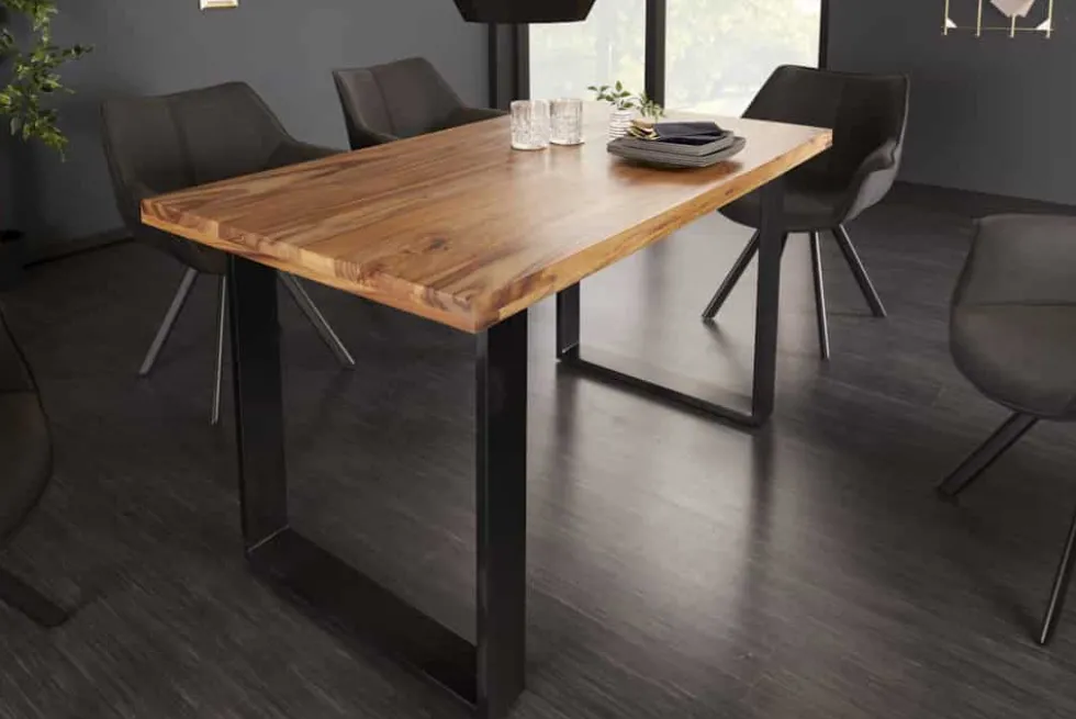 Massivholz Esstisch IRON CRAFT 120cm braun Sheesham schwarze Metallbeine stone finish