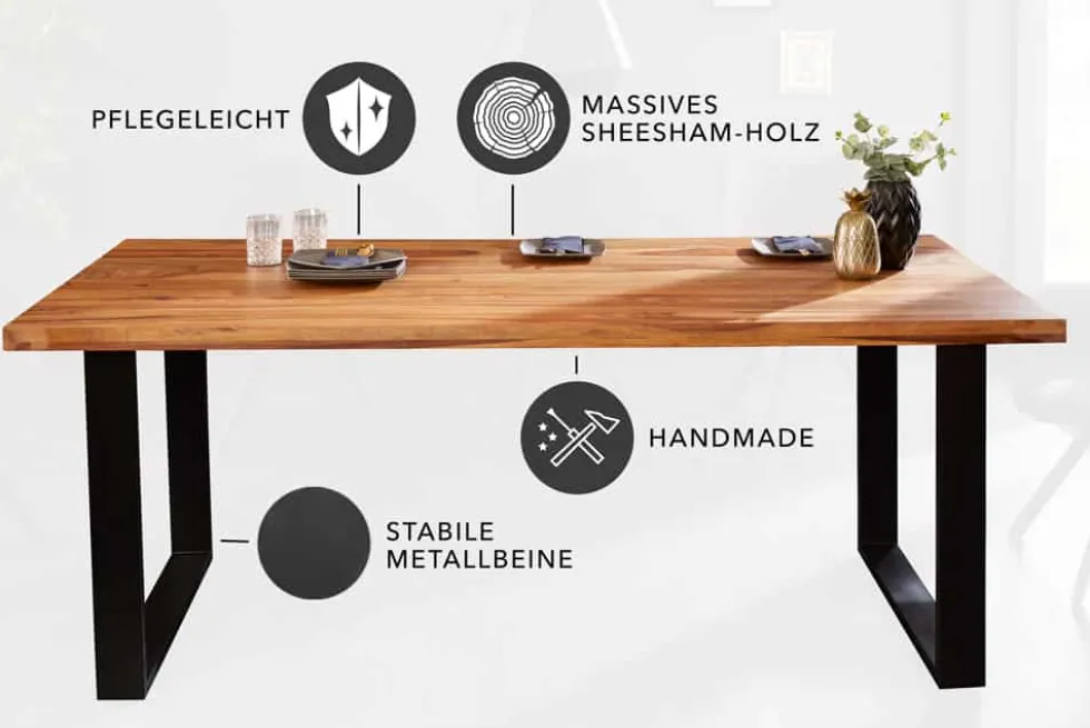 Massivholz Esstisch IRON CRAFT 200cm braun schwarz Sheesham stone finish Industrial