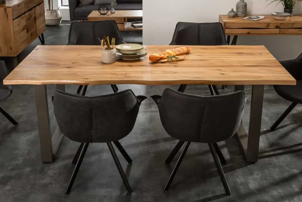 Massivholz Esstisch LIVING EDGE 180cm natur Wildeiche geölt Baumkante Kufengestell