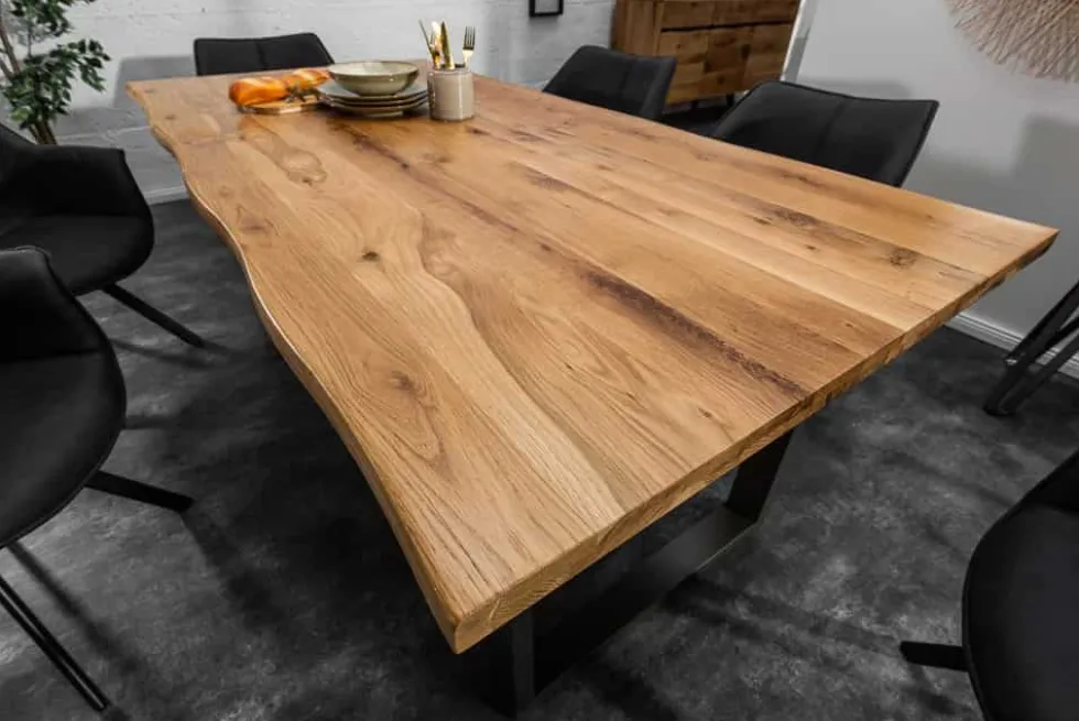 Massivholz Esstisch LIVING EDGE 200cm natur Wildeiche geölt Baumkante Metallbeine