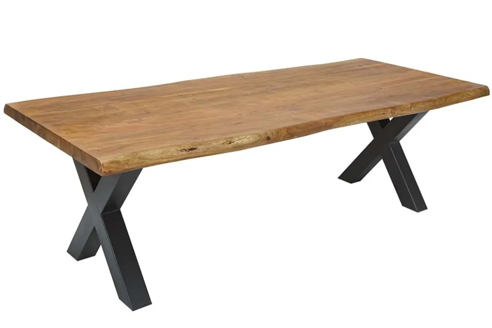 Massivholz Esstisch MAMMUT 200cm natur Akazie schwarz Baumkante 6cm Tischplatte