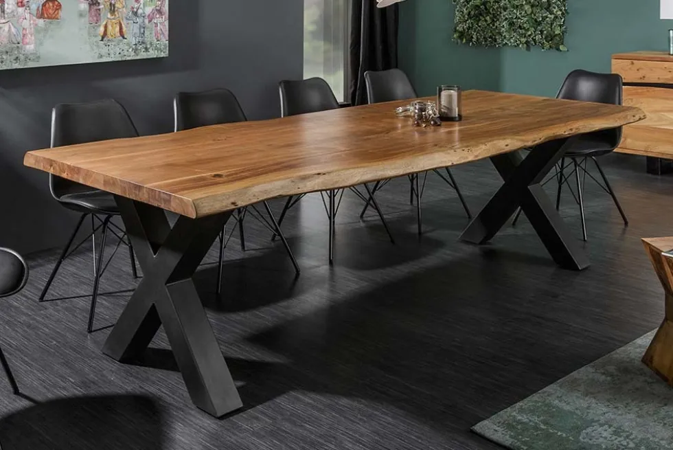 Massivholz Esstisch MAMMUT 200cm natur Akazie schwarz Baumkante 6cm Tischplatte