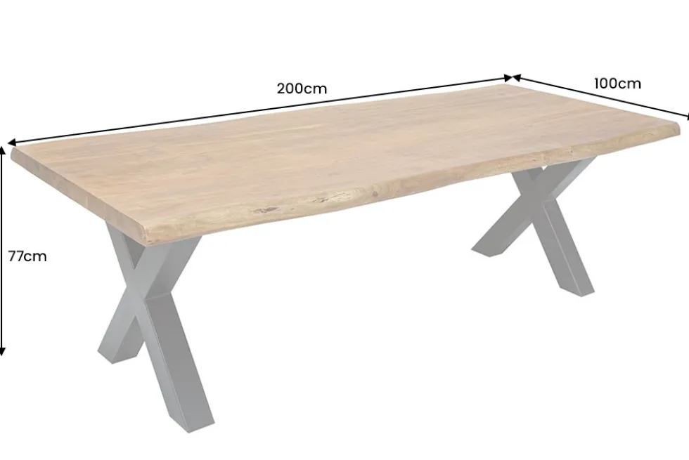 Massivholz Esstisch MAMMUT 200cm natur Akazie schwarz Baumkante 6cm Tischplatte