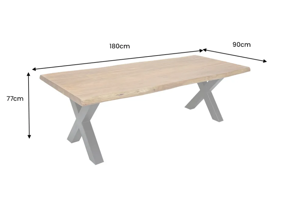 Massivholz Esstisch MAMMUT 180cm Akazie X-Gestell schwarz Baumkante 6cm Tischplatte