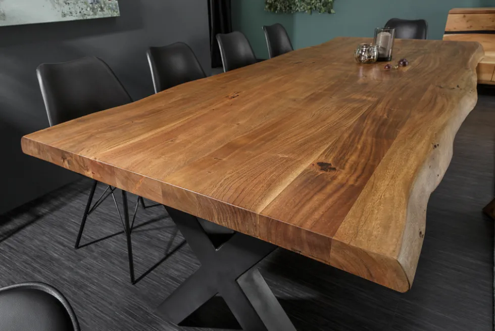 Massivholz Esstisch MAMMUT 180cm Akazie X-Gestell schwarz Baumkante 6cm Tischplatte