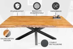 Massivholz Esstisch MAMMUT 200cm Akazie schwarz Metall Baumkante 5cm Tischplatte