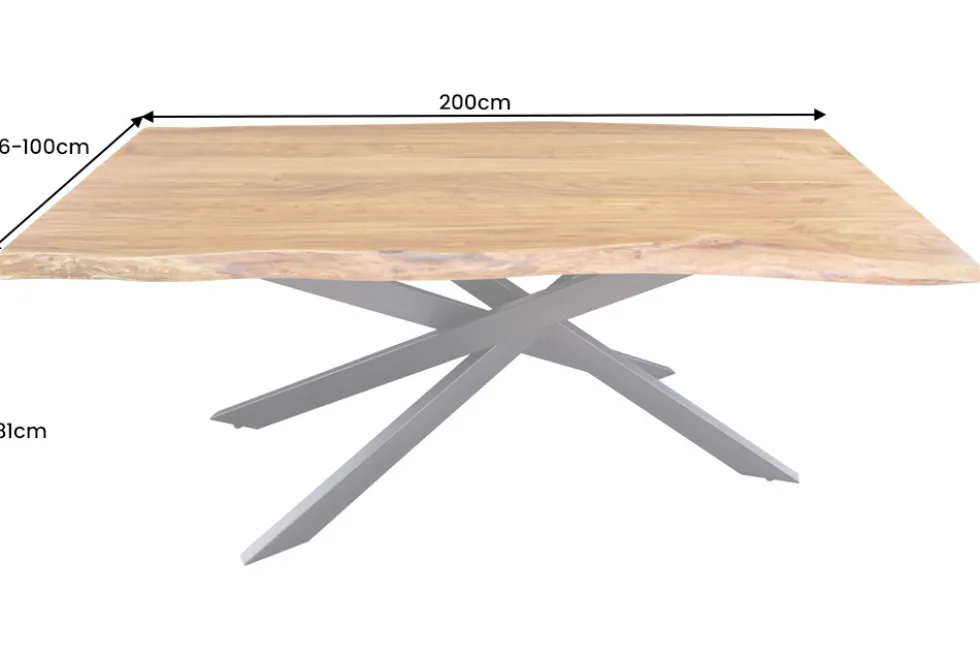 Massivholz Esstisch MAMMUT 200cm Akazie schwarz Metall Baumkante 6cm Tischplatte