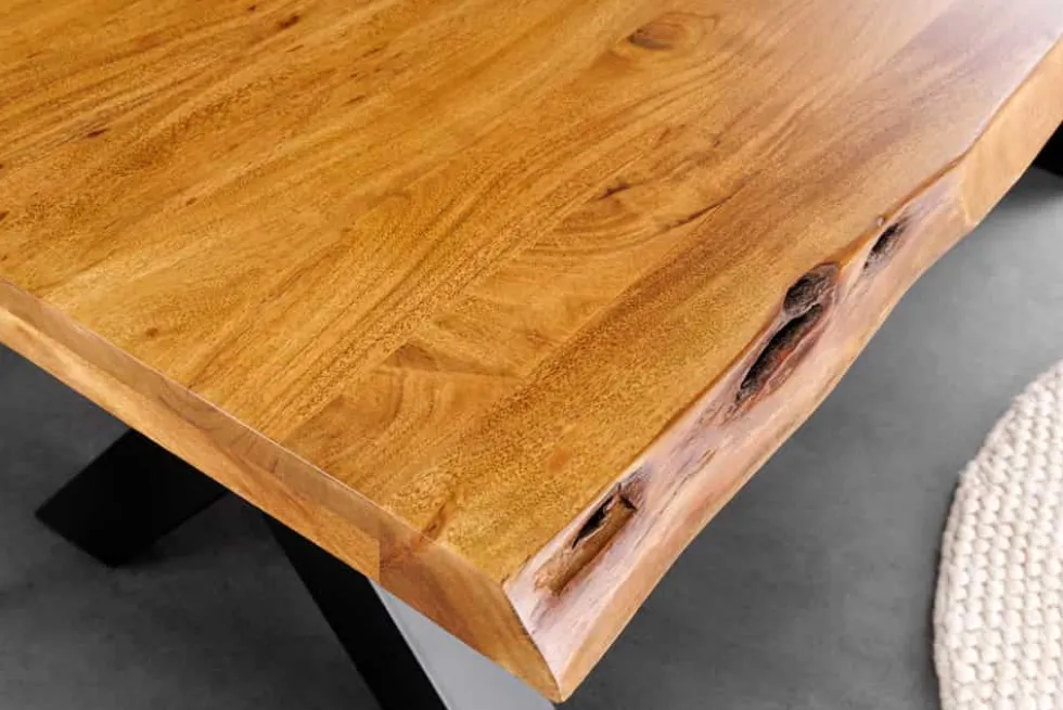 Massivholz Esstisch MAMMUT 200cm Akazie X-Gestell schwarz Metall Baumkante 5cm Tischplatte