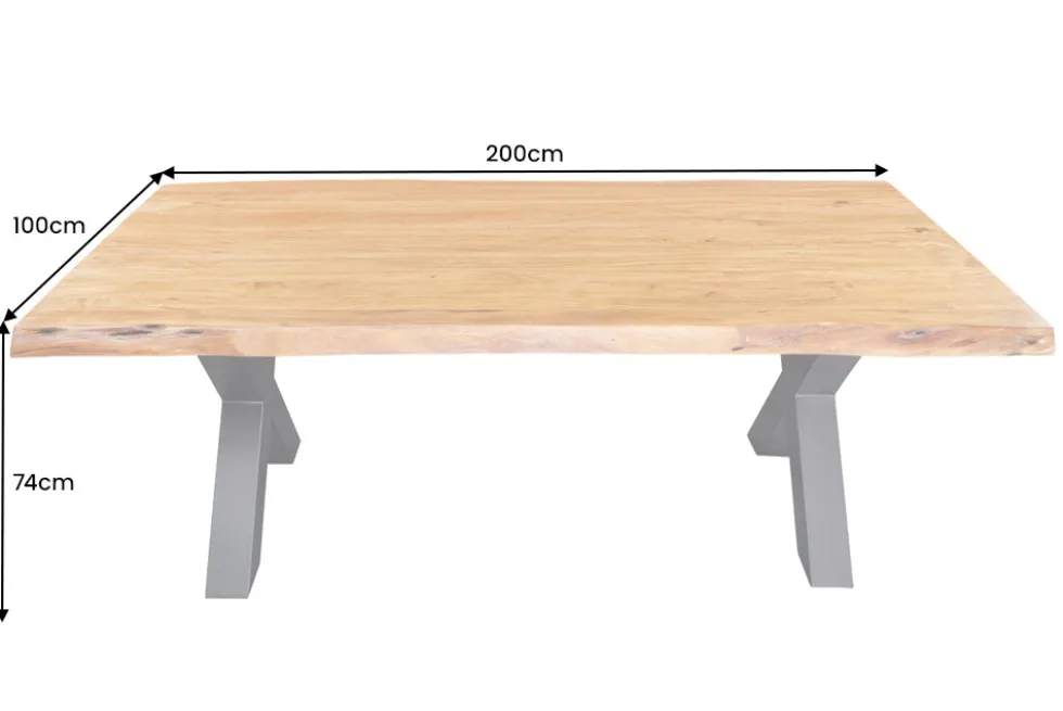 Massivholz Esstisch MAMMUT 200cm Akazie X-Gestell schwarz Metall Baumkante 5cm Tischplatte