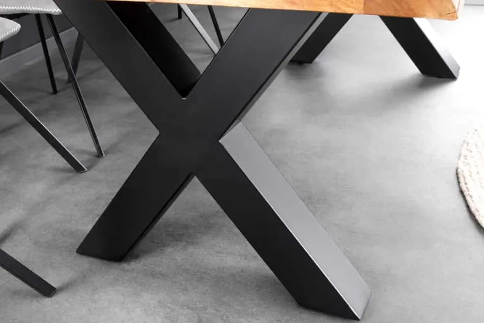 Massivholz Esstisch MAMMUT 200cm Akazie X-Gestell schwarz Metall Baumkante 5cm Tischplatte