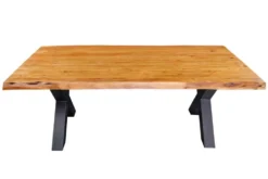 Massivholz Esstisch MAMMUT 200cm Akazie X-Gestell schwarz Metall Baumkante 5cm Tischplatte