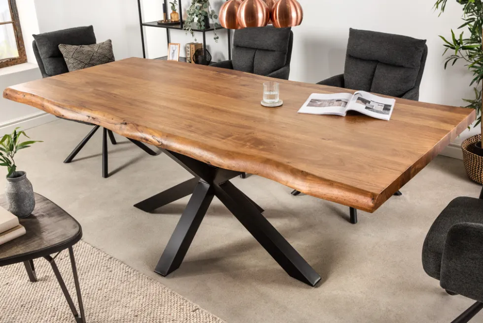 Massivholz Esstisch MAMMUT NATURE 220cm Akazie Metallgestell schwarz Baumkante 6cm Tischplatte